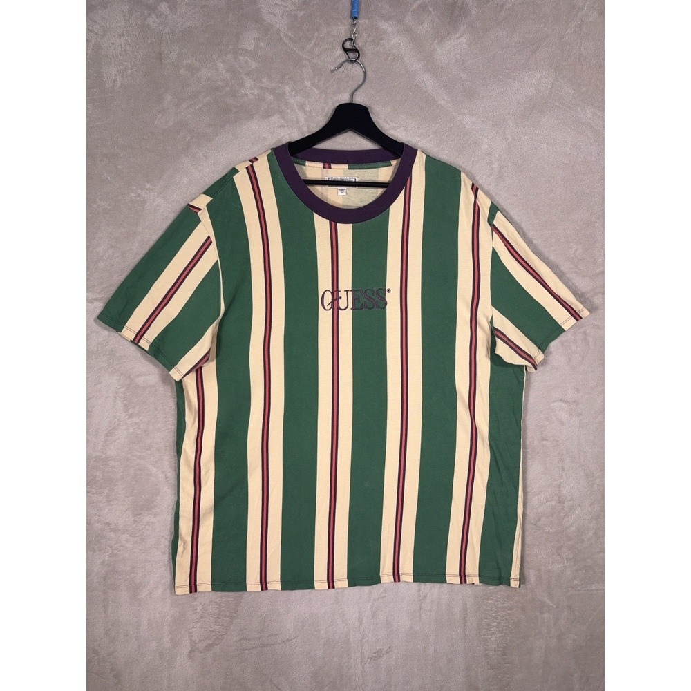 Guess Originals T Shirt Mens XL Green Cream Striped Logo Crew Neck Retro